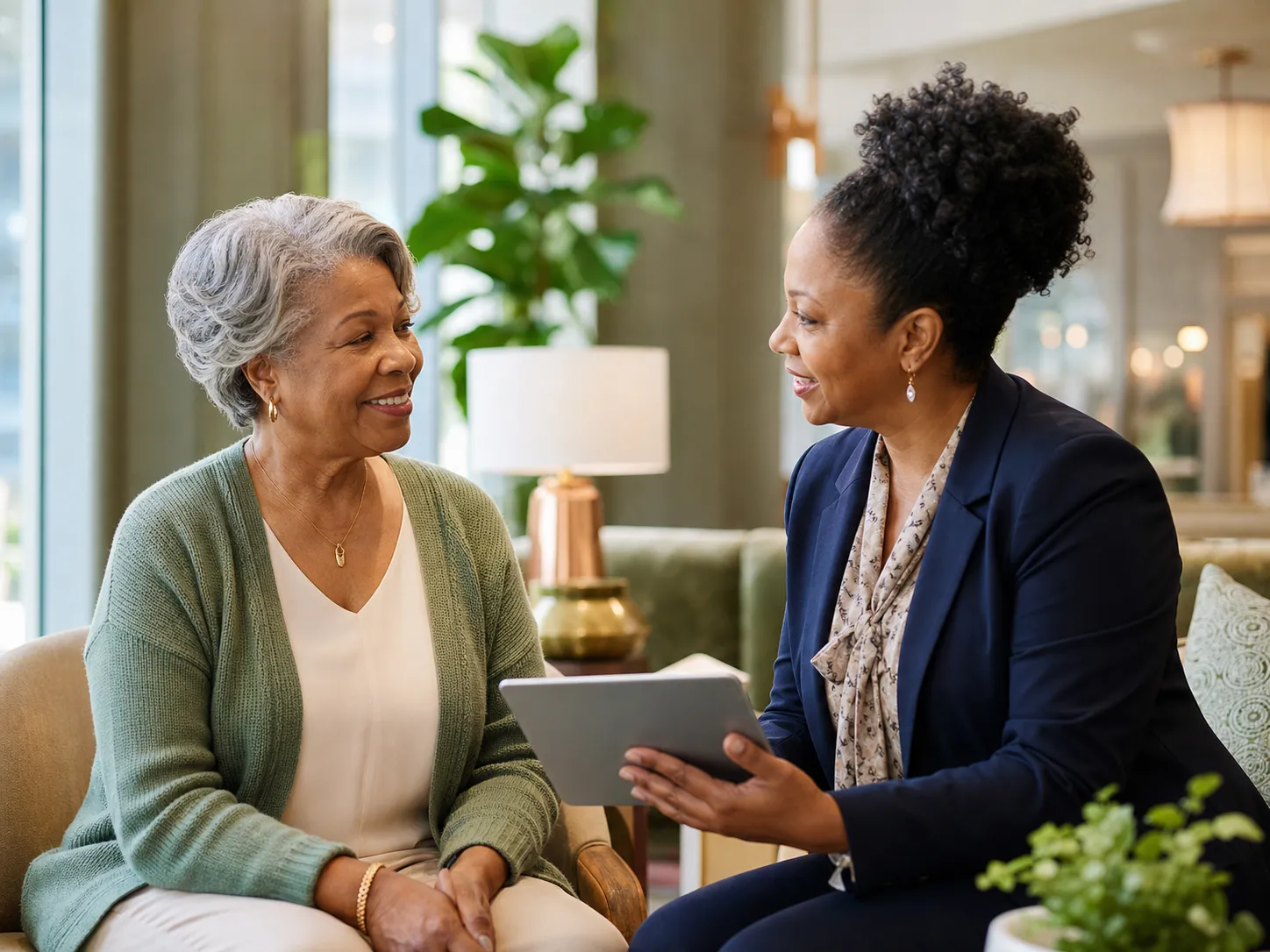 A Black senior woman speaking with a Black admissions professional in a warm senior living lounge