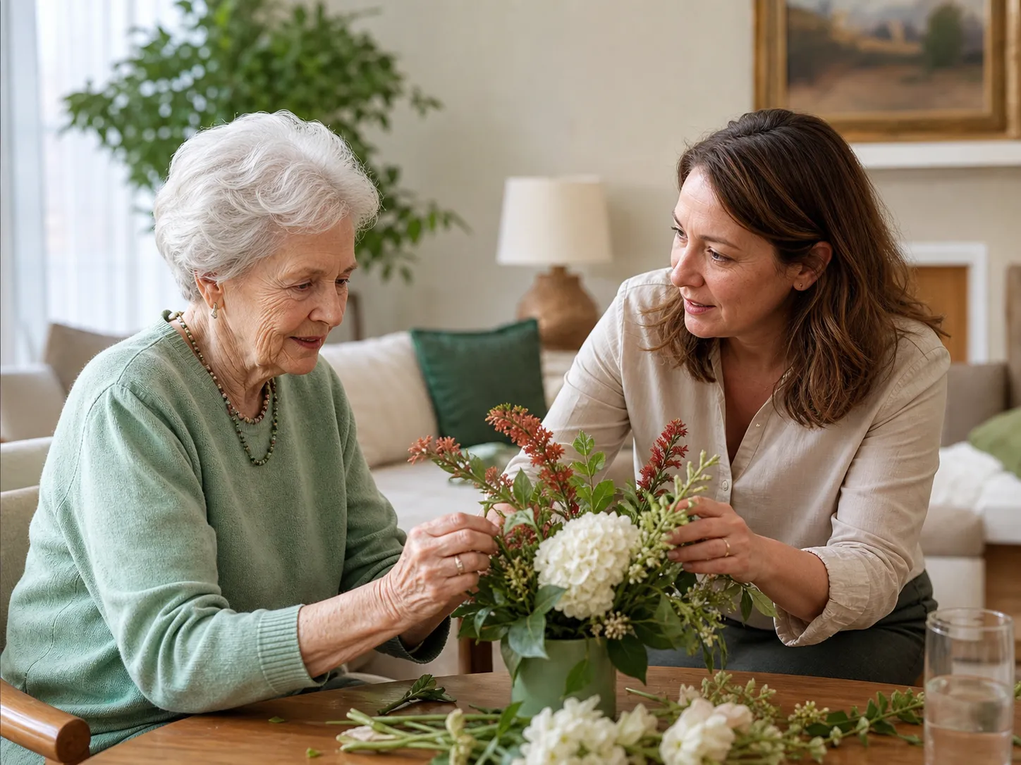 An older woman and a care partner arranging flowers together in a calm residential living room